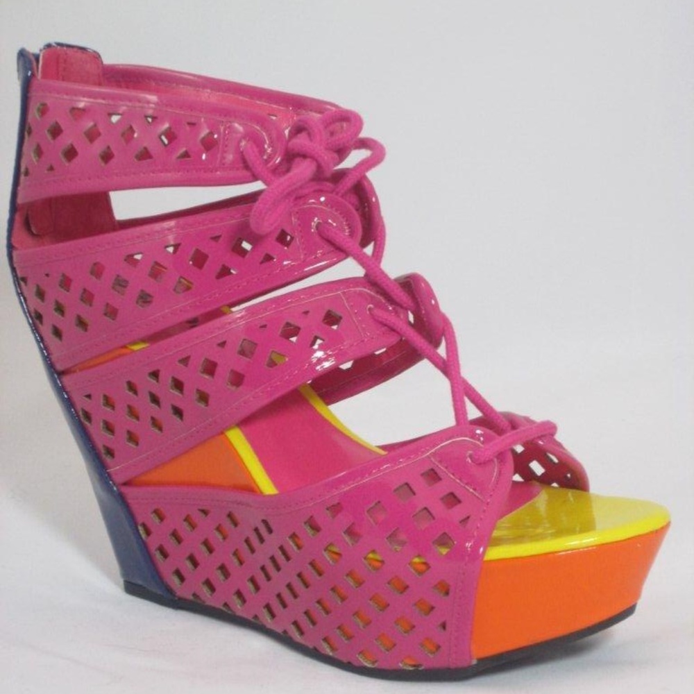 Pink Patent (faux) Color Block Wedge Sandal (NIB)